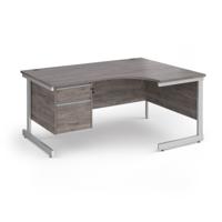 Contract 25 right hand ergonomic desk with 2 drawer pedestal and white cantilever leg 1600mm - grey oak top