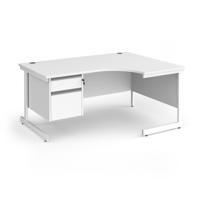 Contract 25 right hand ergonomic desk with 2 drawer pedestal and white cantilever leg 1600mm - white top