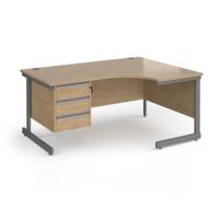 Contract 25 right hand ergonomic desk with 3 drawer pedestal and graphite cantilever leg 1600mm - kendal oak top