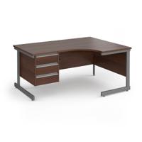 Contract 25 right hand ergonomic desk with 3 drawer pedestal and graphite cantilever leg 1600mm - walnut top