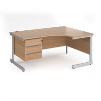 Contract 25 right hand ergonomic desk with 3 drawer pedestal and silver cantilever leg 1600mm - beech top