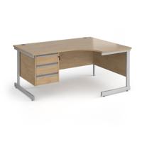 Contract 25 right hand ergonomic desk with 3 drawer pedestal and silver cantilever leg 1600mm - kendal oak top