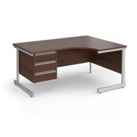 Contract 25 right hand ergonomic desk with 3 drawer pedestal and silver cantilever leg 1600mm - walnut top