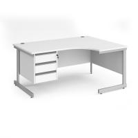 Contract 25 right hand ergonomic desk with 3 drawer pedestal and silver cantilever leg 1600mm - white top