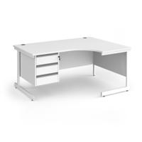 Contract 25 right hand ergonomic desk with 3 drawer pedestal and white cantilever leg 1600mm - white top