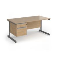 Contract 25 straight desk with 2 drawer pedestal and graphite cantilever leg 1600mm x 800mm - kendal oak top