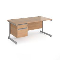 Contract 25 straight desk with 2 drawer pedestal and silver cantilever leg 1600mm x 800mm - beech top