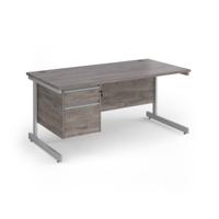 Contract 25 straight desk with 2 drawer pedestal and silver cantilever leg 1600mm x 800mm - grey oak top