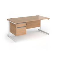Contract 25 straight desk with 2 drawer pedestal and white cantilever leg 1600mm x 800mm - beech top