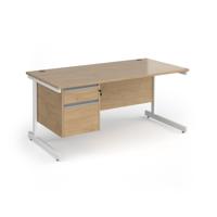 Contract 25 straight desk with 2 drawer pedestal and white cantilever leg 1600mm x 800mm - kendal oak top