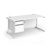 Contract 25 straight desk with 2 drawer pedestal and white cantilever leg 1600mm x 800mm - white top
