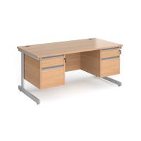Contract 25 straight desk with 2 and 2 drawer pedestals and silver cantilever leg 1600mm x 800mm - beech top