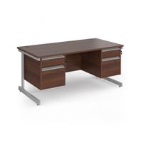 Contract 25 straight desk with 2 and 2 drawer pedestals and silver cantilever leg 1600mm x 800mm - walnut top