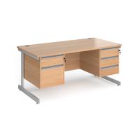 Contract 25 straight desk with 2 and 3 drawer pedestals and silver cantilever leg 1600mm x 800mm - beech top