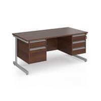 Contract 25 straight desk with 2 and 3 drawer pedestals and silver cantilever leg 1600mm x 800mm - walnut top