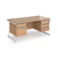 Contract 25 straight desk with 2 and 3 drawer pedestals and white cantilever leg 1600mm x 800mm - beech top
