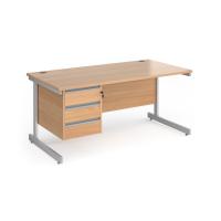 Contract 25 straight desk with 3 drawer pedestal and silver cantilever leg 1600mm x 800mm - beech top