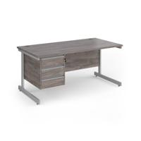Contract 25 straight desk with 3 drawer pedestal and silver cantilever leg 1600mm x 800mm - grey oak top