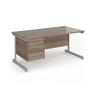 Contract 25 straight desk with 3 drawer pedestal and silver cantilever leg 1600mm x 800mm - nebraska oak top