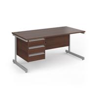 Contract 25 straight desk with 3 drawer pedestal and silver cantilever leg 1600mm x 800mm - walnut top