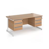 Contract 25 straight desk with 3 and 3 drawer pedestals and white cantilever leg 1600mm x 800mm - beech top