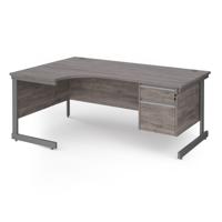 Contract 25 left hand ergonomic desk with 2 drawer pedestal and graphite cantilever leg 1800mm - grey oak top