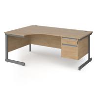 Contract 25 left hand ergonomic desk with 2 drawer pedestal and graphite cantilever leg 1800mm - kendal oak top