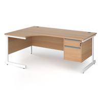 Contract 25 left hand ergonomic desk with 2 drawer pedestal and white cantilever leg 1800mm - beech top