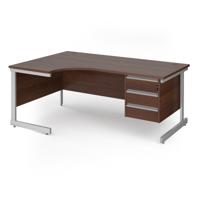 Contract 25 left hand ergonomic desk with 3 drawer pedestal and silver cantilever leg 1800mm - walnut top
