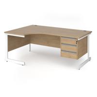 Contract 25 left hand ergonomic desk with 3 drawer pedestal and white cantilever leg 1800mm - kendal oak top