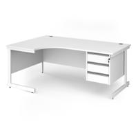 Contract 25 left hand ergonomic desk with 3 drawer pedestal and white cantilever leg 1800mm - white top