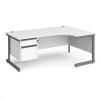Contract 25 right hand ergonomic desk with 2 drawer pedestal and graphite cantilever leg 1800mm - white top