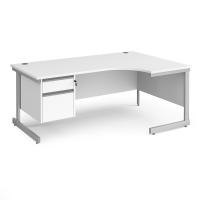 Contract 25 right hand ergonomic desk with 2 drawer pedestal and silver cantilever leg 1800mm - white top