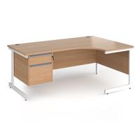 Contract 25 right hand ergonomic desk with 2 drawer pedestal and white cantilever leg 1800mm - beech top