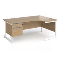 Contract 25 right hand ergonomic desk with 2 drawer pedestal and white cantilever leg 1800mm - kendal oak top