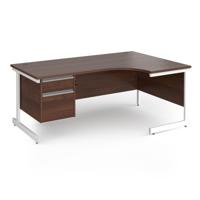 Contract 25 right hand ergonomic desk with 2 drawer pedestal and white cantilever leg 1800mm - walnut top