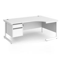 Contract 25 right hand ergonomic desk with 2 drawer pedestal and white cantilever leg 1800mm - white top
