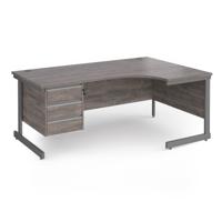 Contract 25 right hand ergonomic desk with 3 drawer pedestal and graphite cantilever leg 1800mm - grey oak top