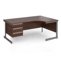 Contract 25 right hand ergonomic desk with 3 drawer pedestal and graphite cantilever leg 1800mm - walnut top