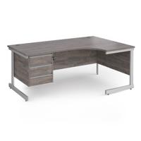 Contract 25 right hand ergonomic desk with 3 drawer pedestal and silver cantilever leg 1800mm - grey oak top