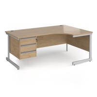 Contract 25 right hand ergonomic desk with 3 drawer pedestal and silver cantilever leg 1800mm - kendal oak top