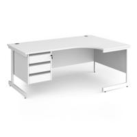 Contract 25 right hand ergonomic desk with 3 drawer pedestal and white cantilever leg 1800mm - white top