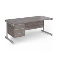 Contract 25 straight desk with 3 drawer pedestal and white cantilever leg 1800mm x 800mm - grey oak top