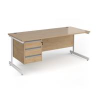 Contract 25 straight desk with 3 drawer pedestal and white cantilever leg 1800mm x 800mm - kendal oak top