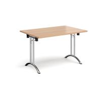Rectangular folding leg table with chrome legs and curved foot rails 1200mm x 800mm - beech