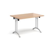 Rectangular folding leg table with silver legs and curved foot rails 1200mm x 800mm - beech