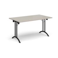 Rectangular folding leg table with black legs and curved foot rails 1400mm x 800mm - Light Grey