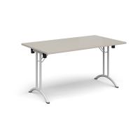 Rectangular folding leg table with white legs and curved foot rails 1400mm x 800mm - Light Grey
