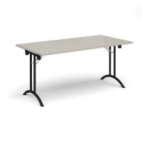 Rectangular folding leg table with black legs and curved foot rails 1600mm x 800mm - Light Grey