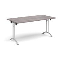 Rectangular folding leg table with silver legs and curved foot rails 1600mm x 800mm - grey oak